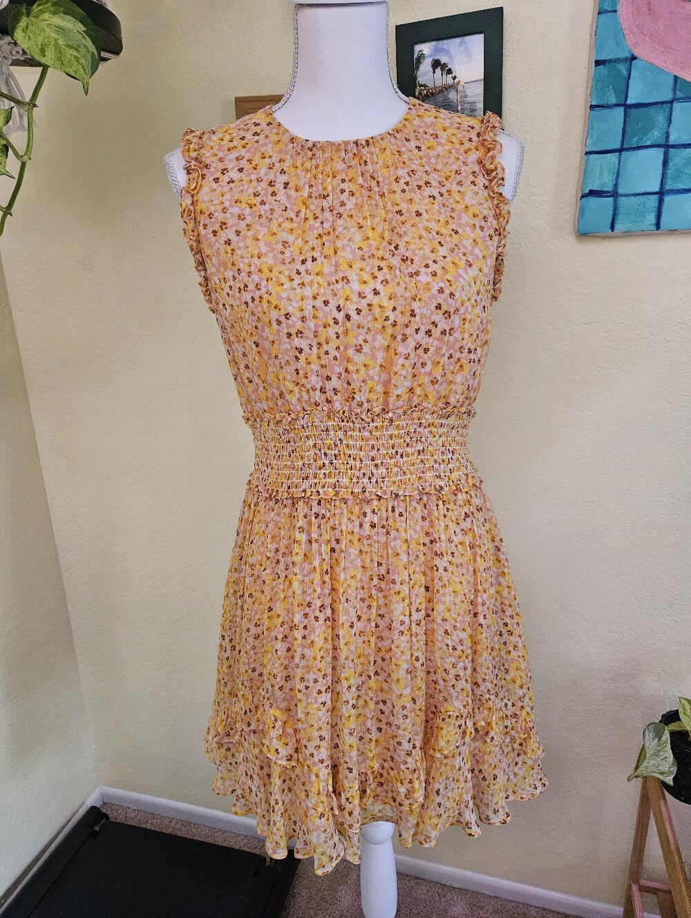 Jason Wu smocked Yellow Silk floral- Print ruffle- trim mini dress Sz 2